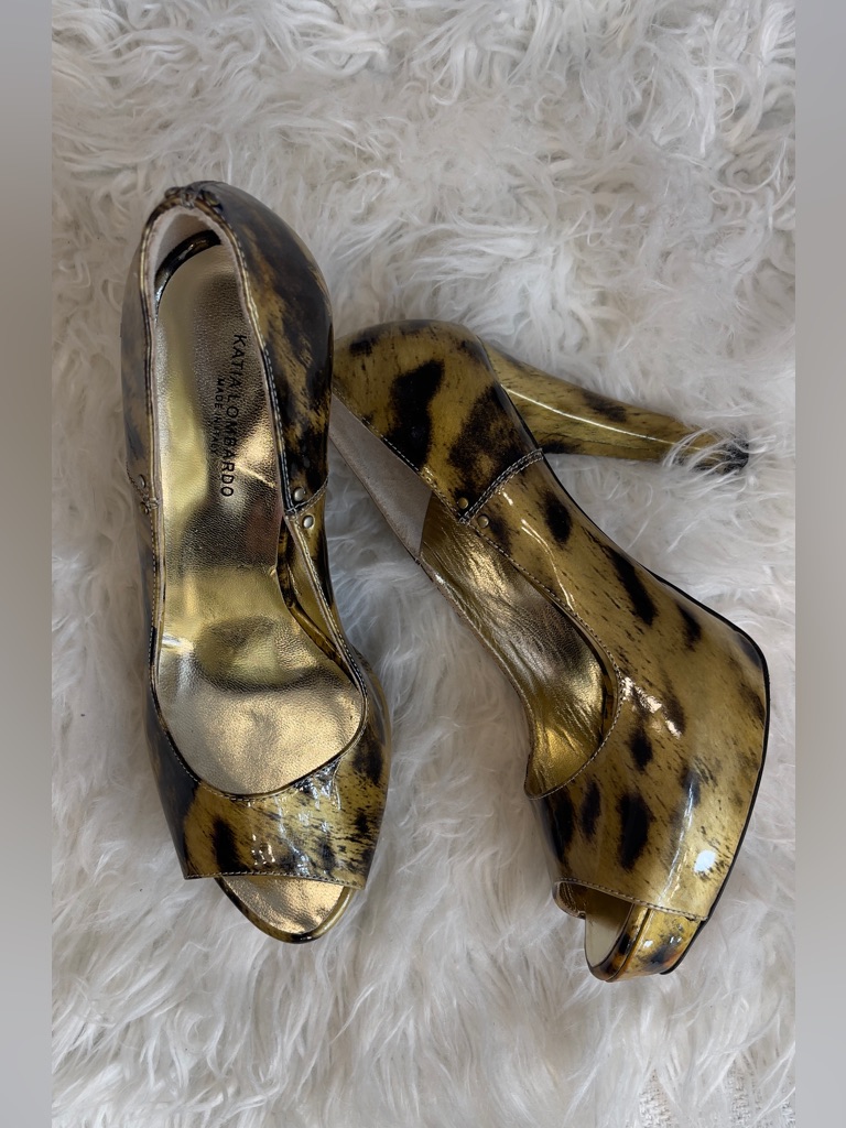 Made In Italy Metallic Gold And Black Leopard-Print Peep-Toe Heels